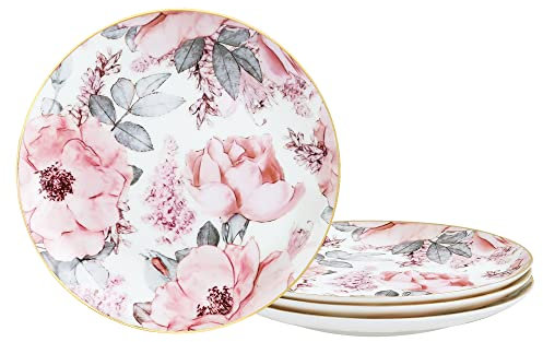 fanquare Piatti da Insalata in Porcellana d'osso da 20 cm con Bordo Dorato, Set di 4 Ciotole per Pasta con Fiori Rosa, Piatti da Dessert in Porcellana, Piatti da Pranzo Inglesi