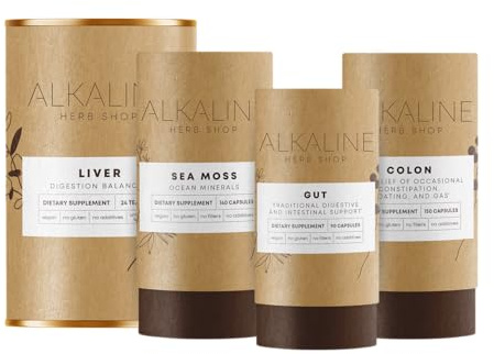 Alkaline Herb Shop Healthy Gut Bundle - Sea Moss, Gut, Happy Colon & Liver Tea - 4 Wildcrafted Herbal Supplements for Digestive Support - Vegan, Third-Party Tested