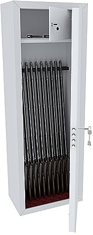 EGLEMTEK Armadio Portafucili Armi Blindato Fuciliera In Acciaio Con Cassetto Tesoretto Con Serratura E Chiave A Doppia Mappa Cassaforte Sicura Austin Colore Bianco Opaco 148 x 53.5 x 32 Cm (10 Posti)