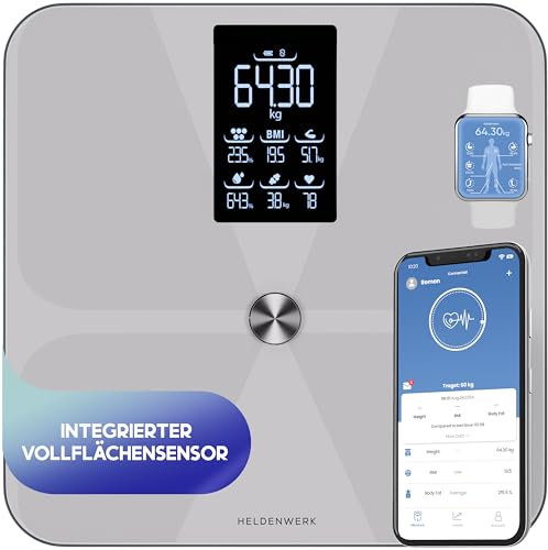 HELDENWERK Personenwaage Körperfettwaage, Waage Personen mit App & Vollflächensensor 180 kg/400 lbs, Körperwaage Digital, Bluetooth Körperanalysewaage für Körperfett, BMI, Muskelmasse, Protein, BMR
