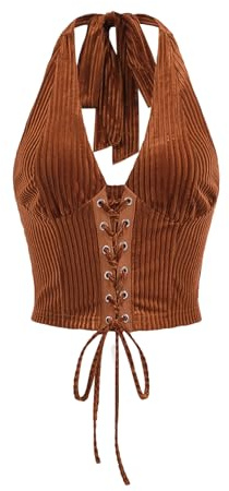 Verdusa Women's 2026 Going Out Halter Corset Top Lace Up Open Back Crop Tops Concert Cowgirl Outfits Rust Brown X-Large