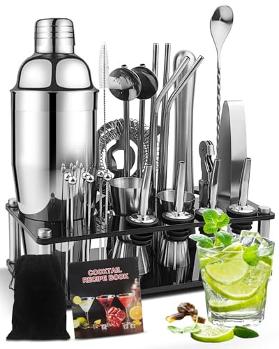 28 Piece Cocktail Making Set, 750ml Stainless Steel Cocktail Shaker with Holder, Filter, Dispenser, Pliers, Bottle Cap, Bottle Opener, Bartender Cocktail Set for Home, Bar, Party and Gift