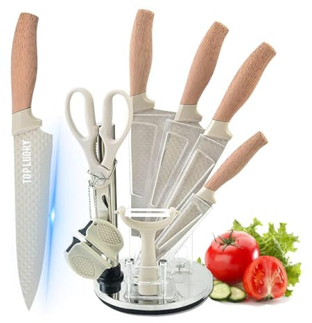 Kitchen Knife Set with Block, 8 Pieces Khaki Sharp Knife Block Set with Diamond Grain Non-Stick Knife Blade, Stainless Steel Chef Knife Set Suitable for Home Restaurant Apartment (Khaki)
