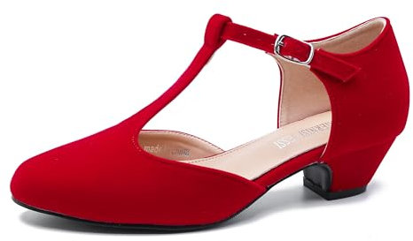 MAIERNISI JESSI Women's T-Strap Low Chunky Heel Mary Jane Pumps Cut Out Wedding Dress Shoes, Red Velvet, 9 UK