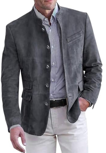 Onsoyours Blazer Décontracté à Col Montant pour Homme avec Poche à Revers et Manches Longues en Daim Vintage Décontracté Slim Bouton Costume d'affaires Blazer Veste A Grisfoncé XL