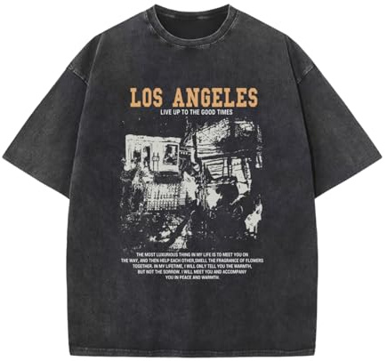 Pairxily Oversized Graphic Tshirts for Men Acid Wash Los Angeles Vintage Tees Streetwear Baggy Cotton Shirts Casual Tops(Black,M)