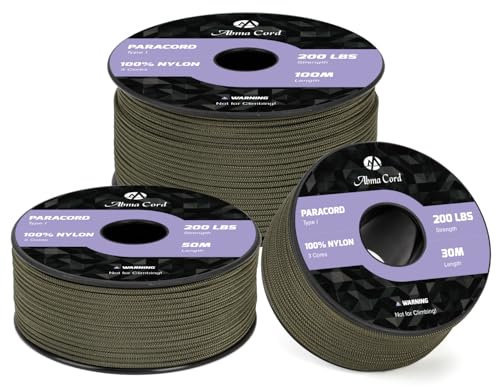 Abma Cord Paracord 2mm 100m Nylonschnur 3 Kern Seil Typ I Schnur für Basteln, Camping, Outdoor - Max. 90kg (200lbs) - Armee Grün