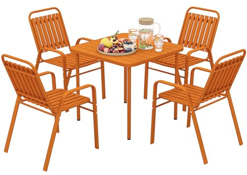 Outsunny Salon de Jardin extérieur 5 pièces, Table de Jardin extérieure avec 4 chaises empilables, Plateau à Lattes 80 cm, Structure en Acier Anti-Rouille, pour terrasse, Patio, Orange