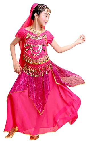Trajes de Danza del Vientre para Niñas Conjunto de 5 Piezas Disfraz Danza del Vientre Falda Camiseta Manga Corta con Lentejuelas Chicas Ropa de Rendimiento Conjunto de Traje Baile Hindú (3-4 Years)