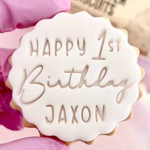 Customised Fondant Stamp Embosser, fits M&S Butter Biscuits Cookies Custom Personalised to Any Name Age Words Happy Birthday 21st 18th 16th 1st First 30th 21 Marks and Spencers with Free Cutter