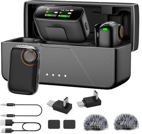 TABKSOLA Trådlös lavalier mikrofon för Smartphone/PC/kamera, 48 kHz/24 bit Hi-Fi-ljud, 250 m räckvidd, Bluetooth-medföljande funktion, pekskärm display, brusreducering, minimikrofon
