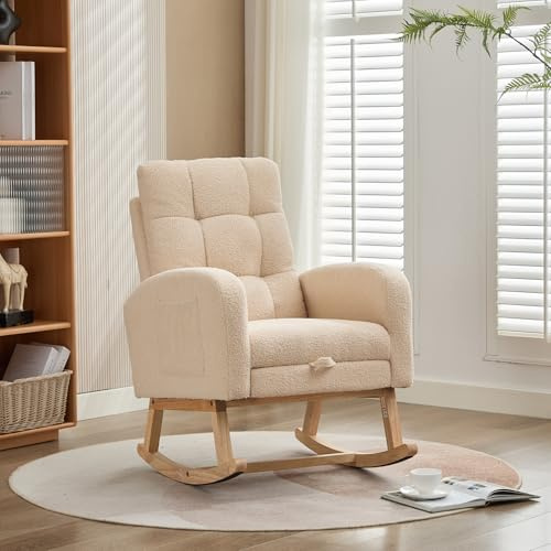 Merax Rocking Chair for Adults, Armchair with Adjustable Footrest, Teddy Fabric Relaxing Chair with Solid Wooden Legs, Side Pockets and High Backrest, for Living Room (Beige,Teddy)