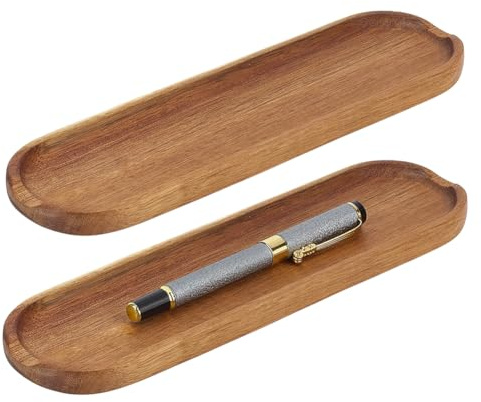 OLYCRAFT 2Pcs Wooden Pen Tray Brown Pens Tray Minimalist Pen Rest Oval Wooden Pens Trays Acacia Wood Pencil Trays Wood Desk Accessories for Home Office Desk Workspace Organization Supplies