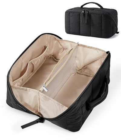 BAGSMART Travel Makeup Cosmetic Bag for Women, Flat Lay, with Clear Pocket | Wide Opening Make up Bag, for Brush, Travel Accessories, Holiday Gift, Black