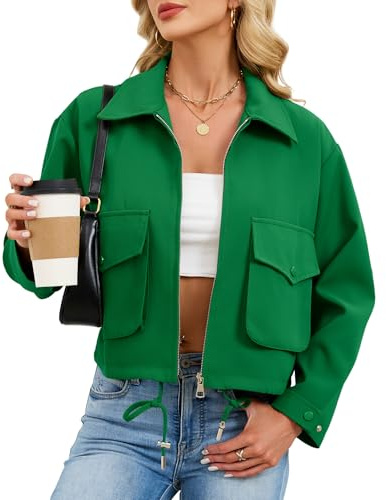 Zando Green Bomber Jacket Women 2026 - Casual Lightweight Green Cropped jacket Women St Patrick's Day Outfit Long Sleeve Zip Up Short Utility Coat with Pockets for Daily Outdoor Travel M