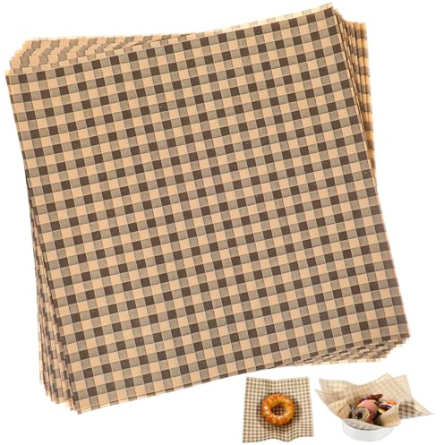 100 stycken vaxade delikatesspappersark, 18 cm x 18 cm fettavvisande kvadrater, rutig, för smörgås- och hamburgarwraps, bakpapper, delikata förpackningsblad (kaffefärgade)