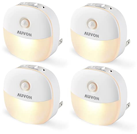 AUVON Plug in Night Light with Motion Sensor and Dusk to Dawn Sensor, Mini Warm White LED Nightlight with 1-50 lm Adjustable Brightness for Bathroom, Hallway, Stairs, Bedroom, Kitchen, 4 Packs