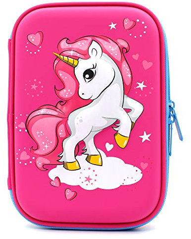 SOOCUTE Federmappe mit fliegendem Einhorn, geprägt, niedliches Hardtop, große Schulbedarfsbox mit Fächern – Mädchen Kinder Schreibwaren Stifttasche (hot pink)