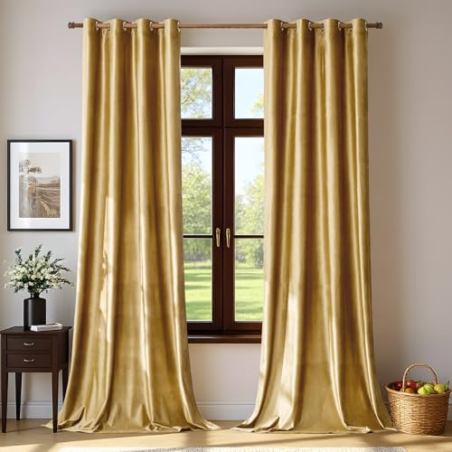 BULBUL Velvet Gold Curtains 108 inch Length- Living Room Blackout Thermal Window Drapes Darkening Decor Grommet Curtains for Bedroom Set of 2 Panels