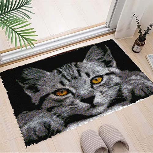VIONNPPT Süße Katze Knüpfteppich Zum Selber Knüpfen DIY Stickkissen Teppich, Unfinished Häkelteppich Set mit Vordruck, Latch Hook Kits für Kinder und Erwachsene (Grau Katze,60cmx40cm)