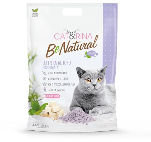 Cat&Rina BeNatural, 5,5 l Kattströ med tofu. Vegetabiliskt klumpbildande kattströ. Upp till 30 dagars användning. Kan kastas i toaletten. Kattströ med lavendel.