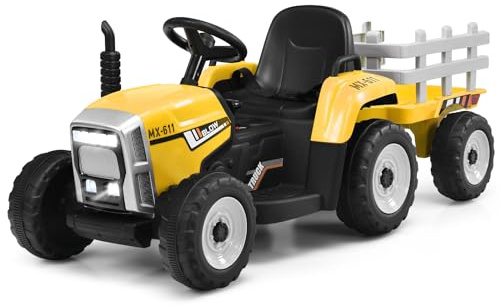 RELAX4LIFE Tractor Eléctrico para Niños 12V con Remolque Extraíble y Control Remoto, Coche Eléctrico con 3 Velocidades/Luz/Sonido/Música/Bocina/USB para 3+ Años, Carga 30kg (Amarillo)