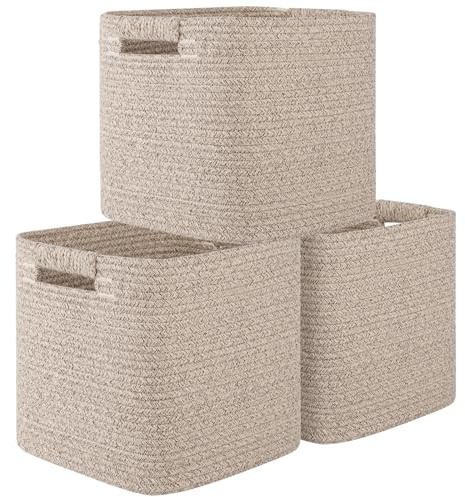 OIAHOMY Storage Cubes 11 Inch Storage Bins-3-Pack, Cotton Rope Woven Baskets for Organizing, Square Storage Baskets for Shelves Organizer, Classroom, Kids Toy Bins, Closet, Baby Nursery-Brown