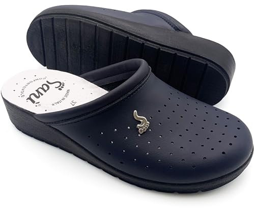 Anatomische Gesundheitsschuhe für Damen, Hausschuhe aus echtem Leder, orthopädische Schuhe, rutschfest, hergestellt in Italien, blau, 41 EU