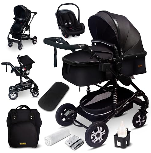 GaGaGaDumi Florida 3 en 1 cochecito completo con asiento de coche - Baby Stroller 3 en 1 TÜV - Cochecito combinado 3 en 1 juego completo de neumáticos completos, bolsa de pañales, Negro/negro