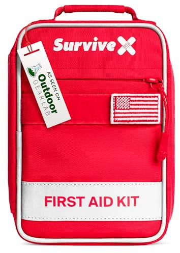 SurviveX Liten första hjälpen-kit för bil, resor och hem – nödkit för vandring, camping, backpacking och utomhus – Inkluderar tätningsremsor med dragkedja för sår