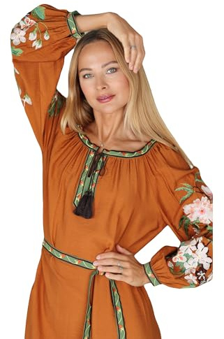 Vestido Vyshyvanka bordado coral | Vestido largo ucraniano para mujer con adornos verdes a la moda étnica, coral, M