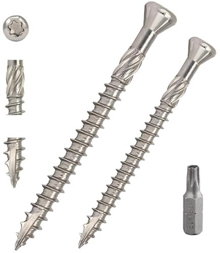 TCO Viti per terrazze, 5 x 60 mm, 200 pezzi, in acciaio inox C2, viti per legno con punta e scanalatura di taglio + T25 bit, viti universali, per esterni (costruzione di terrazze, casette da giardino)