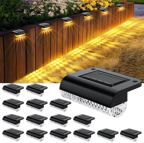 HAMLITE Solar Decking Lights, Solar Fence Lights Outdoor Garden 16 Pack, Waterproof Stair Light Outdoor, Auto on/Off Garden Fence Light for Yard, Patio, Pathway, Steps, Gutter, Wall Ambient Lighting
