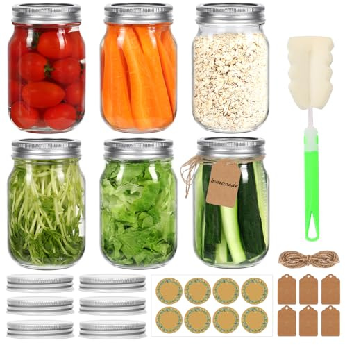 EkkoVla 500ml Mason Jars with Airtight Lids, 6 Pack Regular Mouth Canning Jars – for Pickling, Overnight Oats, Food Storage & DIY Projects, Extra Lids Included