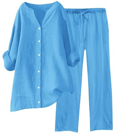 HOOUDO Womens Lounge Wear Sets Cotton Linen Ladies Tracksuit Set 2 Piece Summer Outfits Co Ord Sets Long Sleeve Blouses Tops and Wide Leg Trousers Casual Solid Loungewear Activewear with Pockets