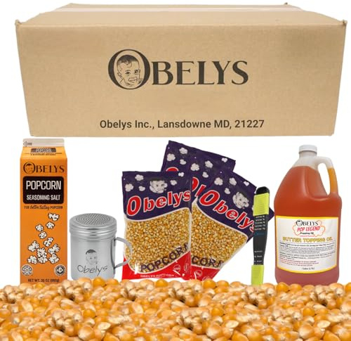 All-in-One Popcorn Party Kit - Includes 4 x Obelys 2lb Gourmet Kernels, 1 Premium Salt Cartons, 1 Gallon Popping Oil, 1 Stainless Steel Shaker & 1 Measuring Spoon for Movie Nights & Celebrations