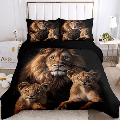 KXHHYB Set Biancheria da Letto Leone 220x240 Nero Motivo Animale, Fodera per Piumone Reversibile in Microfibra con Cerniera Nascosta, Trapunta Moderna Marrone Leone e Fodera per Cuscino (Style-4