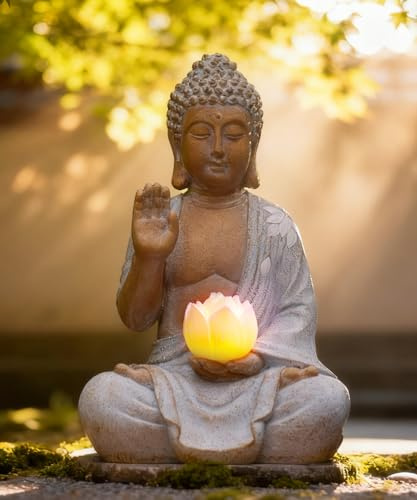 Yeomoo Statue de Bouddha avec LED solaire Lotus Décoration de jardin - Figurine de méditation résistante aux intempéries pour jardin Zen, salon Feng Shui, cadeau spirituel pour femmes, maman, hommes