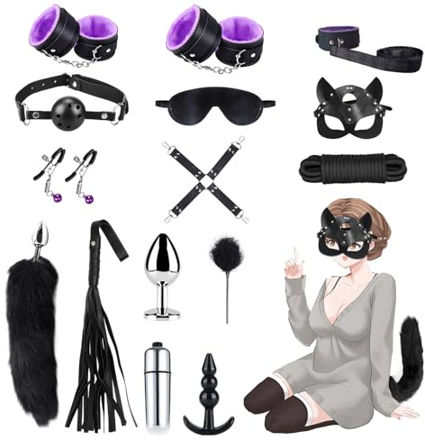 Qoosea 15 Pezzi Set Bondage SM, Sex Toys Bondage Kit Plug Anale con Coda di Volpe Set per I Principianti e Gli Esperti, Giocattoli Sessuali in Pelle Fetish con Manette Caviglia Maschera per Coppie