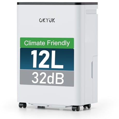OKYUK Deumidificatore 12 litri/giorno, adatto per ambienti di circa 90 metri cubi (30 metri quadrati), Deumidificatore casa muffa, sbrinamento automatico, 32 dB, refrigerante R290, PD12R-03DE