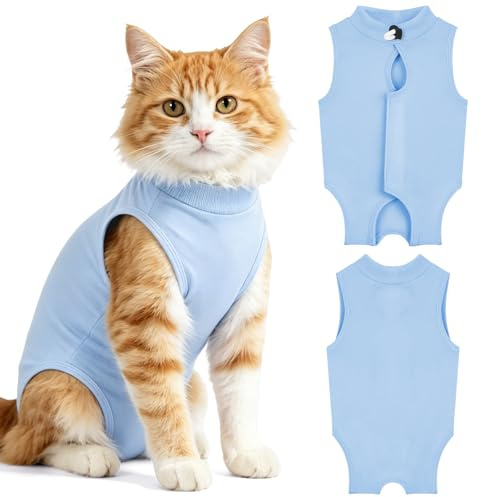OFFCUP Combinaison de Récupération, 2 PCS Body Chat Post Operatoire, Gilet de Récupération de Chat Femelle Male, Protection Contre Le Léchage Convient Plaies Abdominales ou Maladies de Peau, Bleu/M