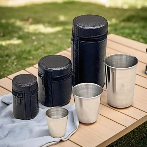 Set di 4 bicchieri impilabili in acciaio inox con borsa per il trasporto in pelle PU, per campeggio, escursionismo, viaggi, attività all'aperto, 30 ml, 70 ml, 170 ml (30 ml)