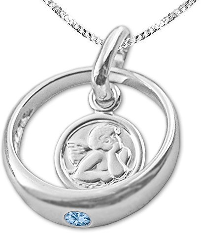 CLEVER SCHMUCK Taufkettchen Taufring Anhänger Engel rund Zirkonia blautopas-hellblau Kette Panzer 34 cm Sterling Silber 925 für Junge im Schmucketui