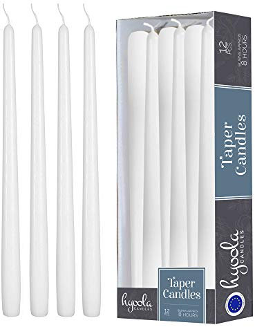 Hyoola Candele Lunghe a Cono 25 cm - Coniche Senza Profumo Antigoccia - Bianche - Lunga Durata 8 Ore - Set Affusolate da 12