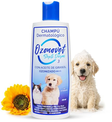 Champu Dermatologico para Perros y Gatos con Dermatitis y Piel Sensible Solución 3 en 1 Limpia Desinfecta e Hidrata - Champú 100% Natural con Aceite de Girasol Ozonizado Fácil Aplicación -1 Unidad