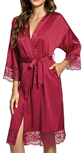 heekpek Womens Dressing Gown Satin Kimono Robe Lace Trim Bathrobe Nightgown Sexy Nightdress Nightwear Bridesmaid Robes, Wine red, Size XXL