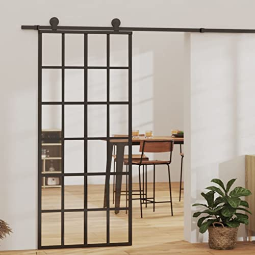 Tidyard Skjutdörr i aluminium och glas ESG, Glas skjutdörr, Glas skjutdörr, Skjutdörr, Invändig skjutdörr i glas för badrum Kök Studio Office 90 x 205 cm Svart