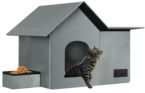 Cat Houses for Outdoor Cats-Large Weatherproof Cat Bed for Indoor Cats,Collapsible Warm Feral Cat Shelter with Removable Soft Mat and Bowl for Winter (Gray, Large)
