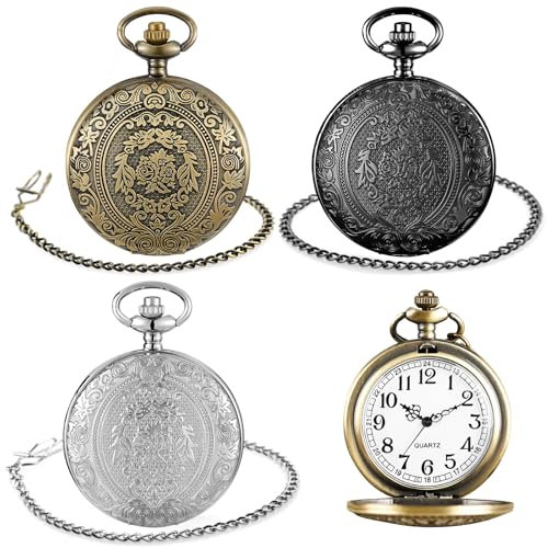 BYZESTY Vintage Taschenuhr, 3 Stück Retro Quarz Taschenuhr, Retro Taschenuhr Herren Mit Kette, Klassische Herren-Taschenuhr, Taschenuhr für Männer Frauen Vater Opa Geburtstag Jahrestag