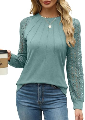 Aokosor Long Sleeve Tops Women Tops Plain Crew Neck Pleated Shirt Loose Casual Blouse for Women Tunic Shirt Ladies Jumpers Size 14-16 Pine Green